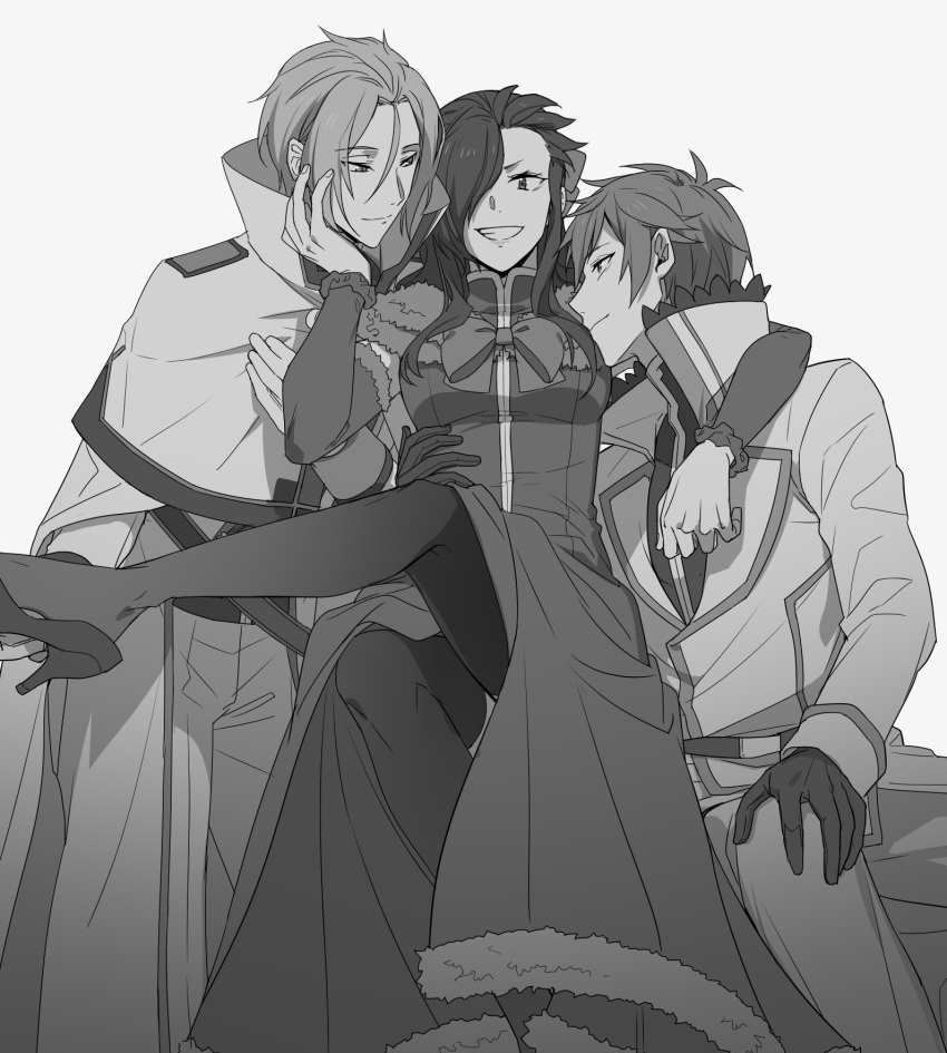 3boys, black_hair, crossdressing, hair_over_one_eye, harem, highres, julius_juukulius, kumuo_(mirakurufusao)