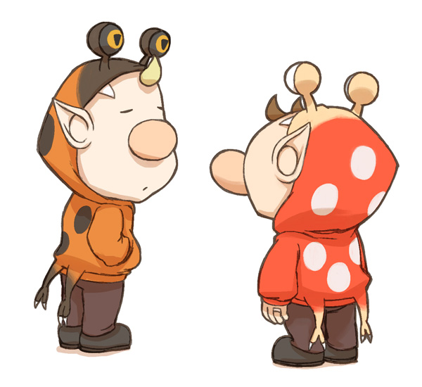 2boys, alien, alternate_costume, animal_hood, big_nose, black_footwear, blonde_hair, brown_hair, brown_pants, bulborb, bulborb_(cosplay), closed_eyes, commentary_request, cosplay, fangs, full_body, hands_in_pockets, hood, hood_up, hoodie, looking_at_another, louie_(pikmin), male_focus, multiple_boys, naru_(wish_field), olimar, orange_bulborb, orange_bulborb_(cosplay), orange_hoodie, pants, parted_lips, pikmin_(series), pointy_ears, polka_dot, polka_dot_hoodie, red_hoodie, shadow, shoes, short_hair, very_short_hair, white_background