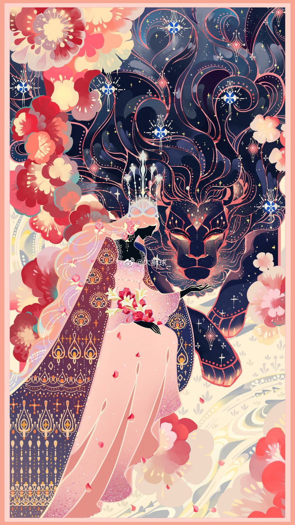 1girl, border, cape, chinese_commentary, commentary_request, crown, curly_hair, damaoye, dress, faceless, faceless_female, falling_petals, flower, flower_request, from_side, highres, holding, holding_flower, lion, long_dress, long_hair, long_sleeves, orange_hair, original, outstretched_hand, patterned_clothing, petals, pink_border, pink_dress, pink_flower, pleated_dress, purple_cape, quilt, red_flower, ripples, river, square_neckline, strength_(tarot), tarot, tarot_(medium), very_long_hair, weibo_logo, weibo_username, white_flower, white_headwear, wide_sleeves