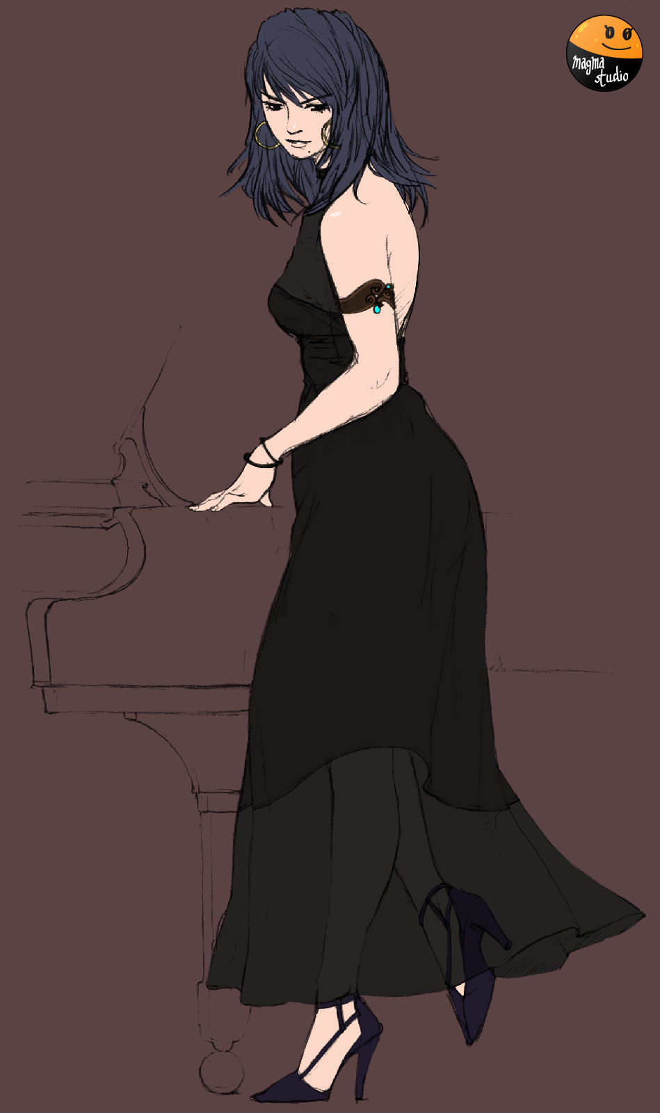 1girl, arc_the_lad, arc_the_lad_ii, black_dress, blue_hair, breasts, closed_mouth, dress