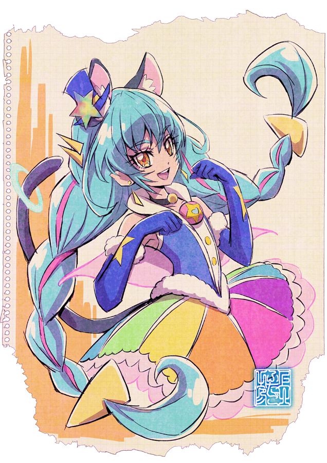 1girl, animal_ears, aqua_hair, artist_logo, black_choker, blue_gloves, blue_shirt, braid
