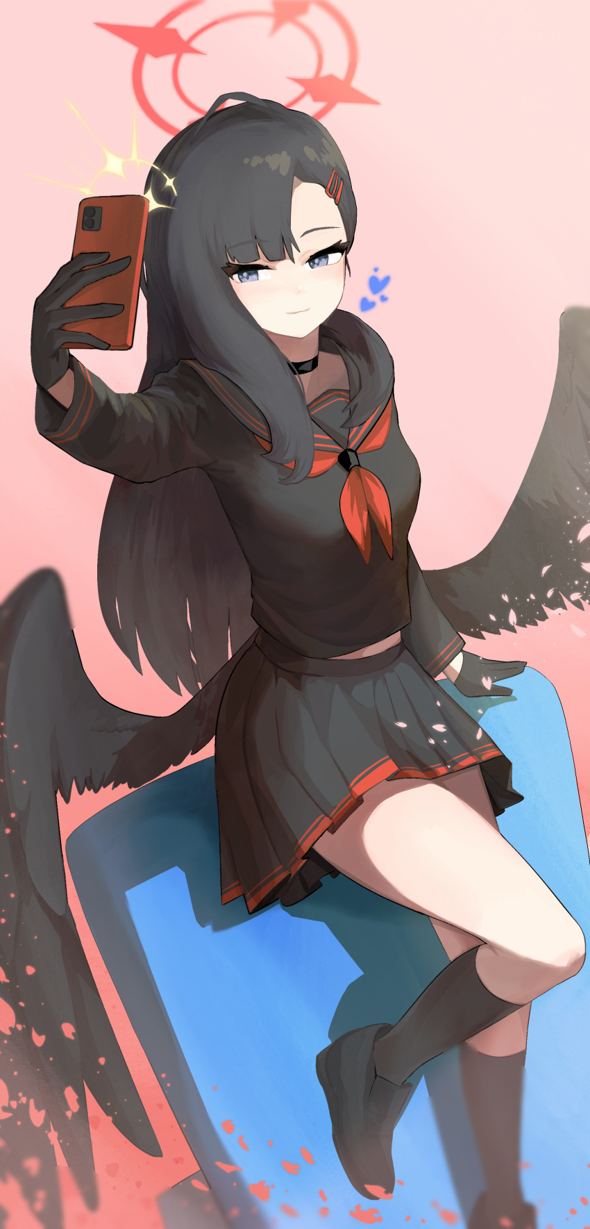 1girl, absurdres, asymmetrical_bangs, black_choker, black_gloves, black_hair, black_serafuku, black_socks