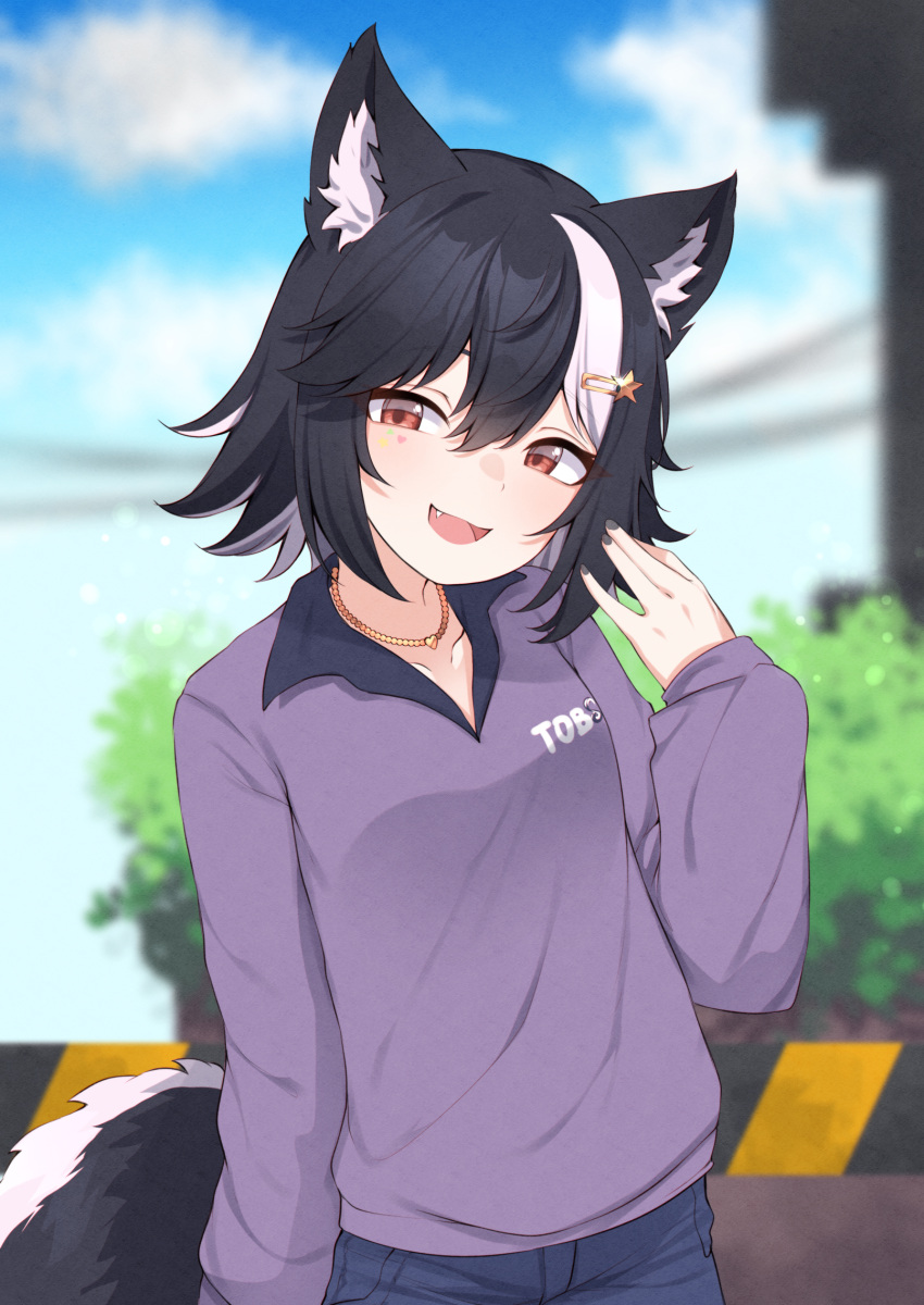 1girl, animal_ear_fluff, black_hair, blue_pants, blurry, blurry_background, brown_eyes, clouds