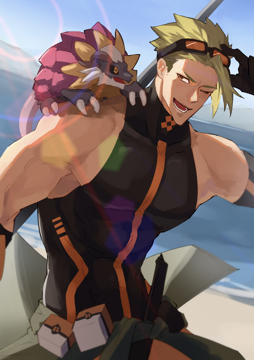 1boy, abs, absurdres, achilles_(fate), achilles_(fearless_diver)_(fate), black_shirt, clothes_around_waist, creature