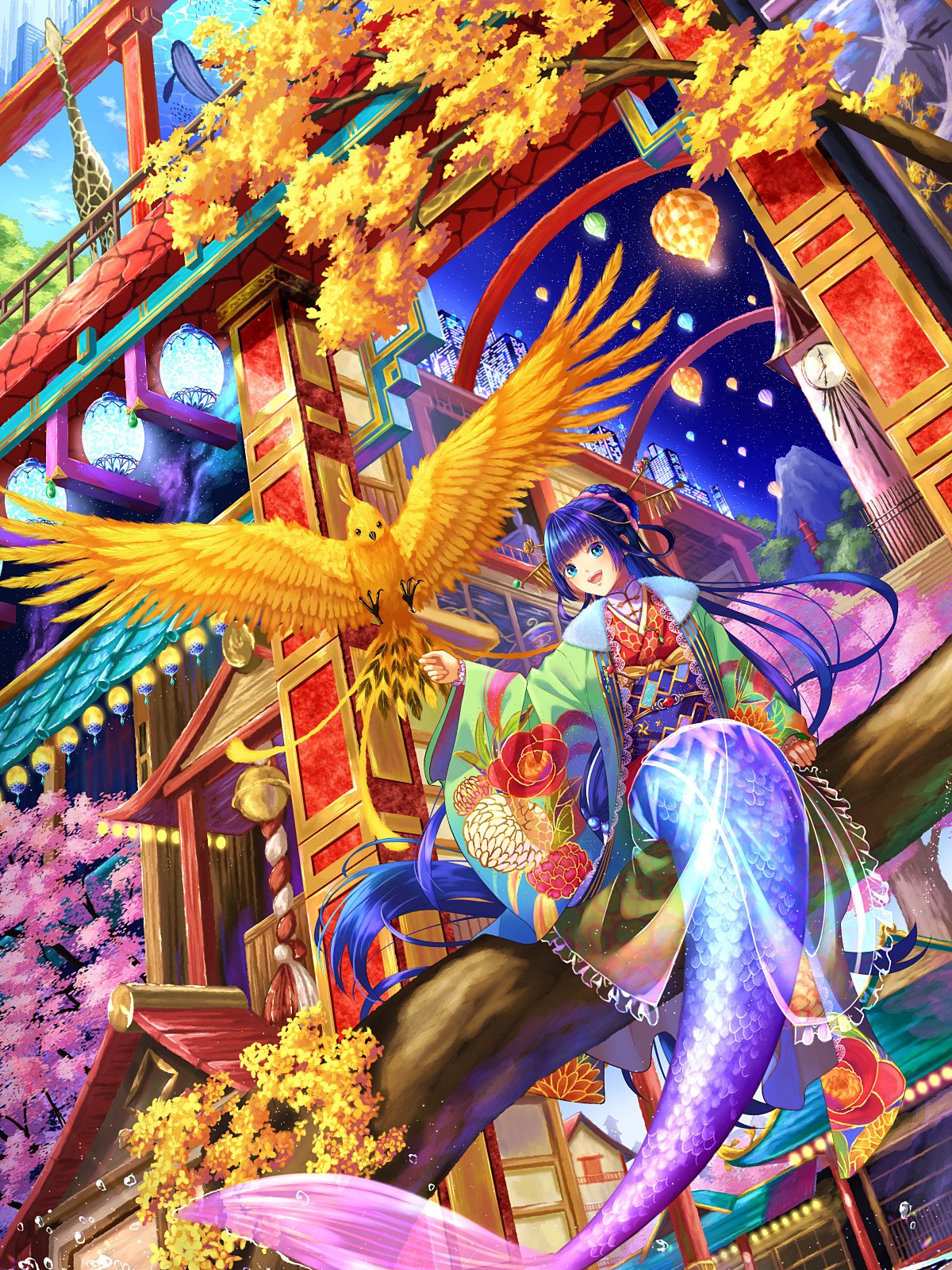 1girl, aircraft, bird, blue_eyes, blue_hair, blunt_bangs, camellia_print, cherry_blossoms