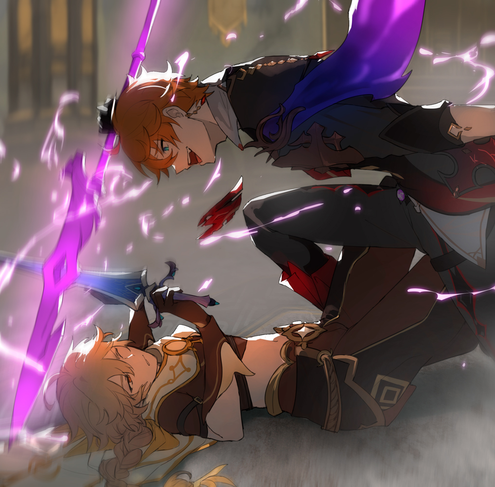 2boys, aether_(genshin_impact), ahoge, arm_armor, arm_up, baggy_pants, black_pants, blliqw, blonde_hair, blue_eyes, braid, brown_eyes, brown_gloves, brown_pants, brown_shirt, collared_shirt, crystal, crystal_earrings, earrings, electricity, fang, fighting, floor, genshin_impact, gloves, grey_jacket, grey_pants, hair_between_eyes, hair_ornament, hair_ribbon, hands_up, holding, holding_sword, holding_weapon, jacket, jewelry, long_hair, long_sleeves, looking_at_another, looking_down, looking_up, lying, male_focus, multiple_boys, navel, on_back, one_eye_closed, open_mouth, orange_hair, pants, red_shirt, ribbon, scarf, shirt, short_hair, short_sleeves, single_earring, smile, sparkle, standing, star_(symbol), sword, tartaglia_(genshin_impact), teeth, tongue, two-tone_pants, v-shaped_eyebrows, weapon, white_scarf, yellow_ribbon
