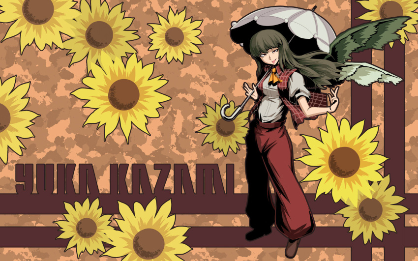 character_name, flower, green_hair, hellshock, highres, kazami_yuuka, kazami_yuuka_(pc-98), long_hair, pants, plaid_vest, red_eyes, ribbon, seihou, short_sleeves, solo, sunflower, tongue, touhou, touhou_(pc-98), umbrella, vest, wallpaper, wings