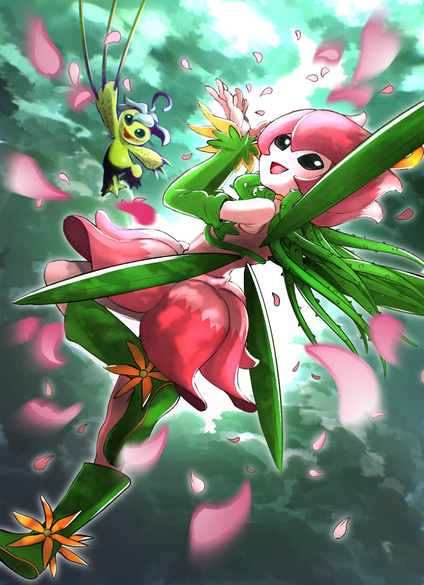 1girl, 1other, alraumon, black_eyes, boots, detached_sleeves, digimon, digimon_(creature), dm_pkmn, dress, fairy, falling_petals, flower, green_footwear, green_sleeves, hair_vines, highres, knee_boots, leaf_wings, lilimon, looking_at_viewer, monster_girl, open_mouth, petals, pink_dress, plant, plant_girl, plant_monster