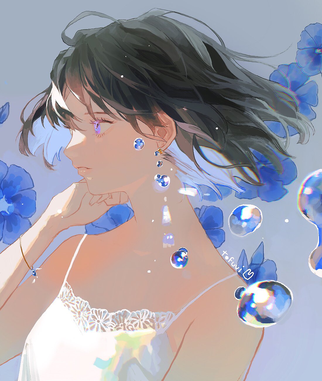 1girl, artist_name, bare_shoulders, black_hair, blue_background, blue_flower, blue_hair, bracelet, breasts, camisole, closed_mouth, colored_inner_hair, commentary, earrings, english_commentary, flower, hair_between_eyes, hand_up, highres, jewelry, matchavi, medium_hair, multicolored_hair, original, profile, simple_background, small_breasts, solo, spaghetti_strap, upper_body, violet_eyes, water_drop, white_camisole