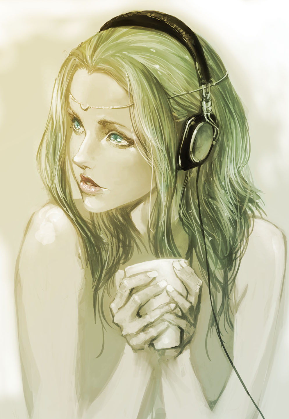 blonde_hair, blue_eyes, close-up, cup, face, hands, headphones, highres