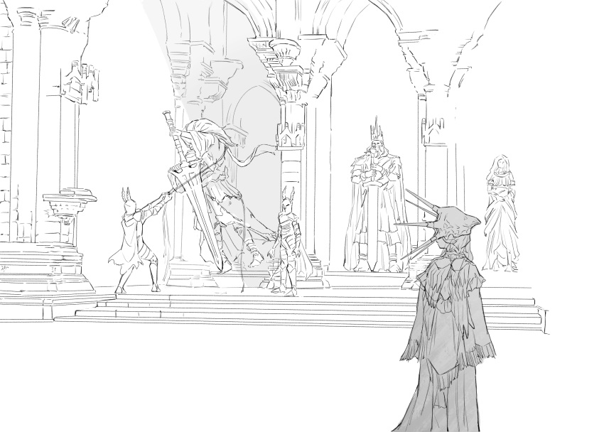 3boys, absurdres, armor, dark_souls_(series), dark_souls_i, dark_souls_iii, dark_sun_gwyndolin, facing_another