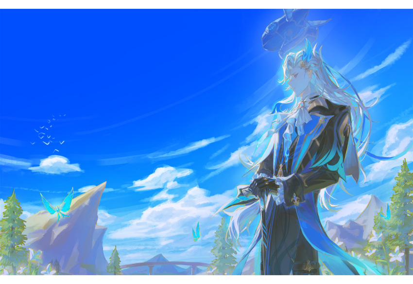 1boy, absurdres, aircraft, airship, ascot, asymmetrical_bangs, bird, black_coat