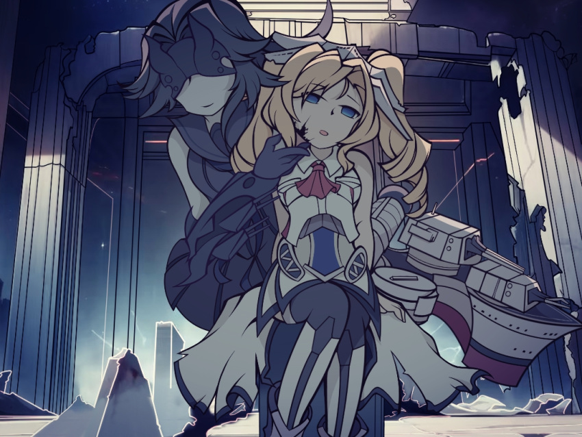 2girls, abyssal_ship, ascot, bare_shoulders, black_gloves, black_hair, blonde_hair, blue_eyes