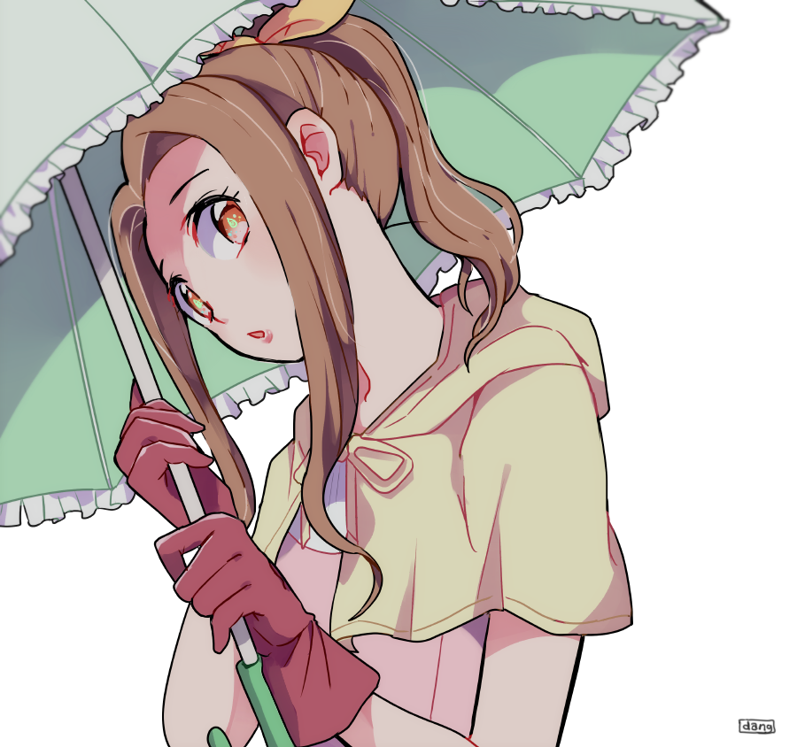 1girl, brown_eyes, brown_hair, digimon, gloves, holding, holding_umbrella, long_hair
