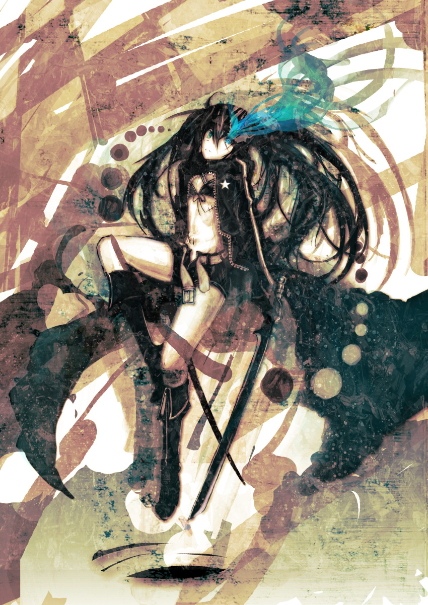 bangs, belt, bikini_top, black_hair, black_rock_shooter, black_rock_shooter_(character), blue_eyes, boots