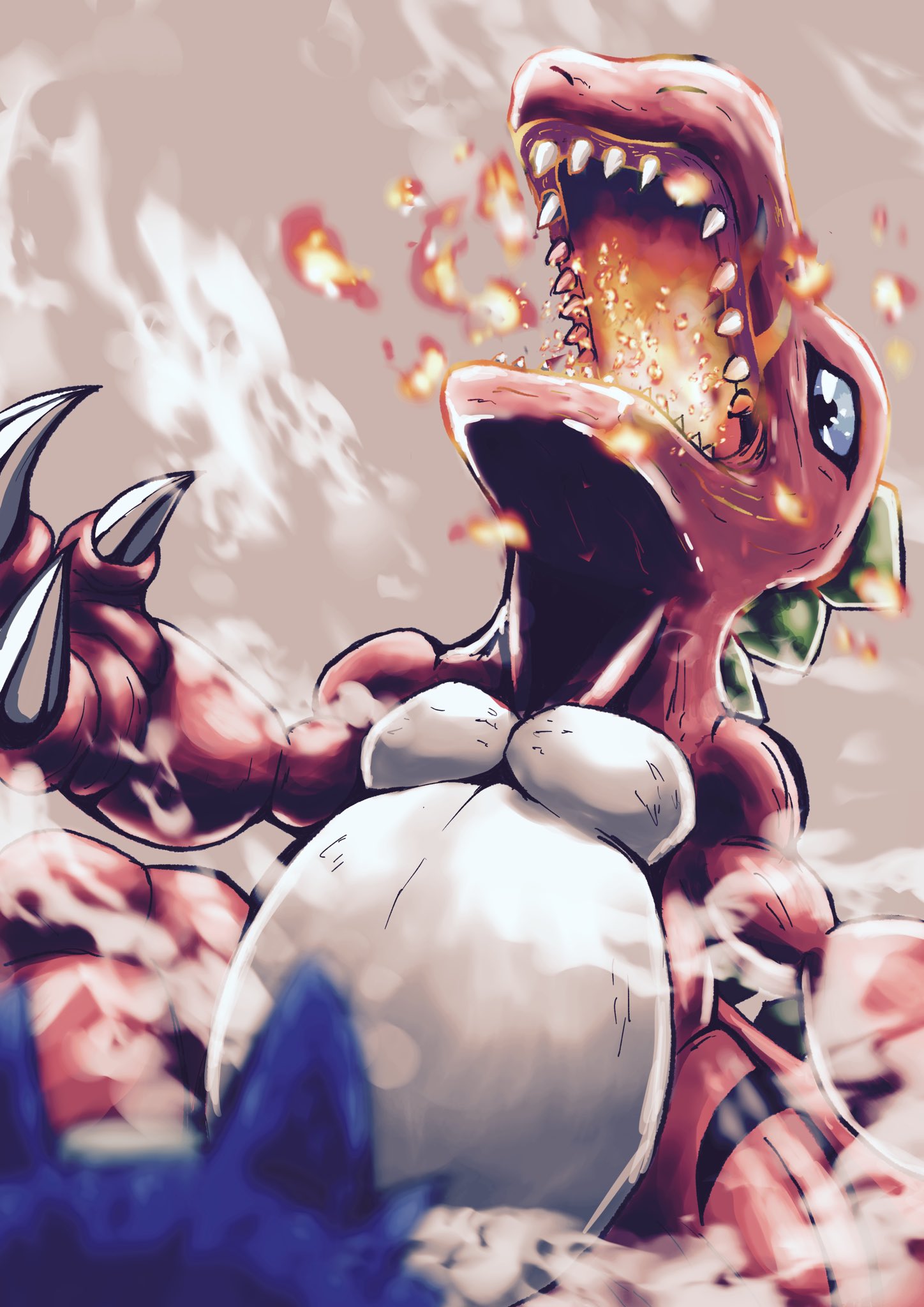 blue_eyes, breathing_fire, claws, digimon, digimon_(creature), fire, highres, loogamon