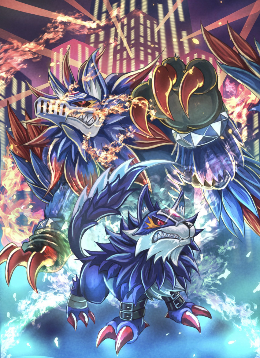 2others, belt, city, digimon, digimon_(creature), highres, kou_(xcws3487), loogamon