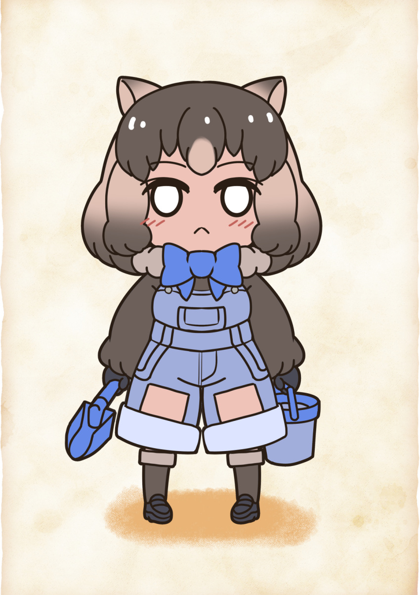 1girl, animal_ears, blush, boots, bow, bowtie, brown_background, brown_hair