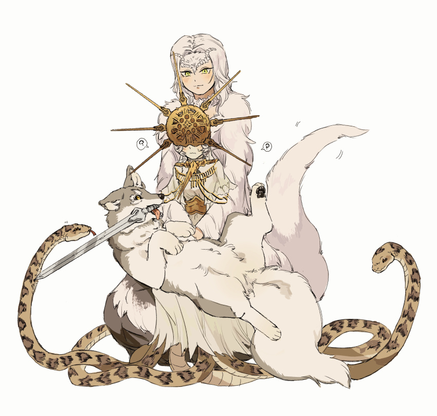 1boy, 1girl, ?, absurdres, animal, blush, covered_eyes, dark_souls_(series)