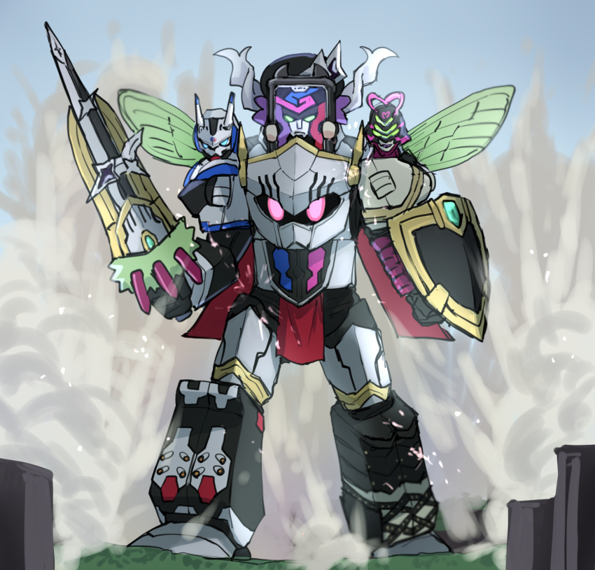 blue_sky, building, day, full_body, green_wings, hero-san_to_moto_onna_kanbu-san, highres, holding