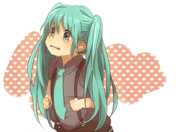 aqua_eyes, aqua_hair, bad_id, child, clenched_hands, fists, hatsune_miku, heart, long_hair, necktie, solo, suspenders, tears, tomo_(sjim), twintails, very_long_hair, vocaloid