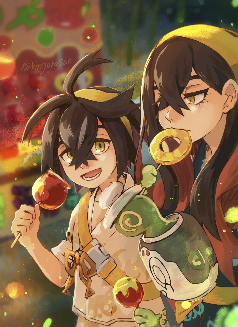 1boy, 1girl, age_difference, ahoge, arm_at_side, artist_request, backpack, bag