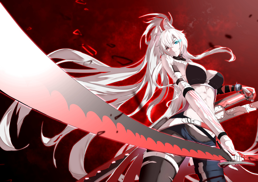 1girl, absurdres, asymmetrical_pants, backless_jacket, bandaged_chest, bandaged_torso, black_bra, blue_eyes