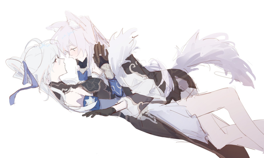 2girls, animal_ears, arm_support, baiheng_(honkai:_star_rail), bare_shoulders, blue_hairband, chinese_clothes, closed_mouth