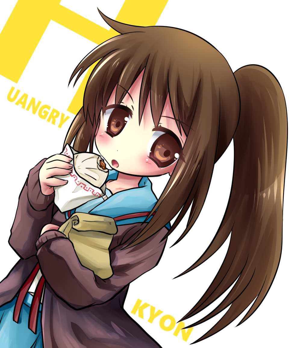 1girl, baozi, blue_sailor_collar, blue_skirt, blush, brown_cardigan, brown_eyes, brown_hair