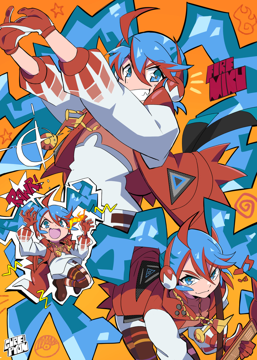 1girl, :d, absurdres, ahoge, arms_up, blue_eyes, blue_hair, breathing_fire