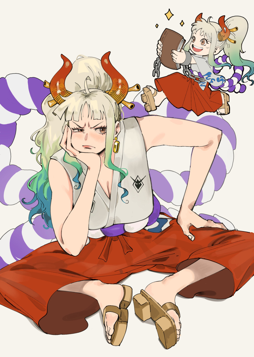 1girl, absurdres, book, breasts, cuffs, curled_horns, earrings, green_hair