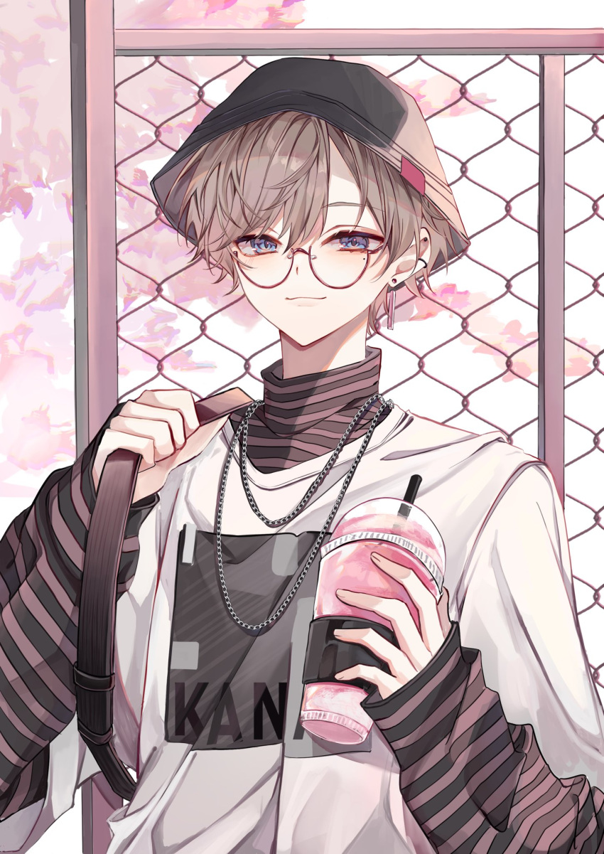 1boy, black_headwear, blue_eyes, brown_hair, chain_necklace, cup, earrings, glass