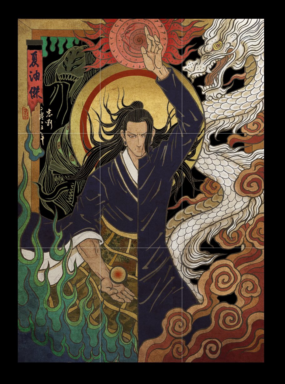 1boy, arm_up, black_hair, black_kimono, chien_chih_kang, demon, dragon, earlobe_stretcher