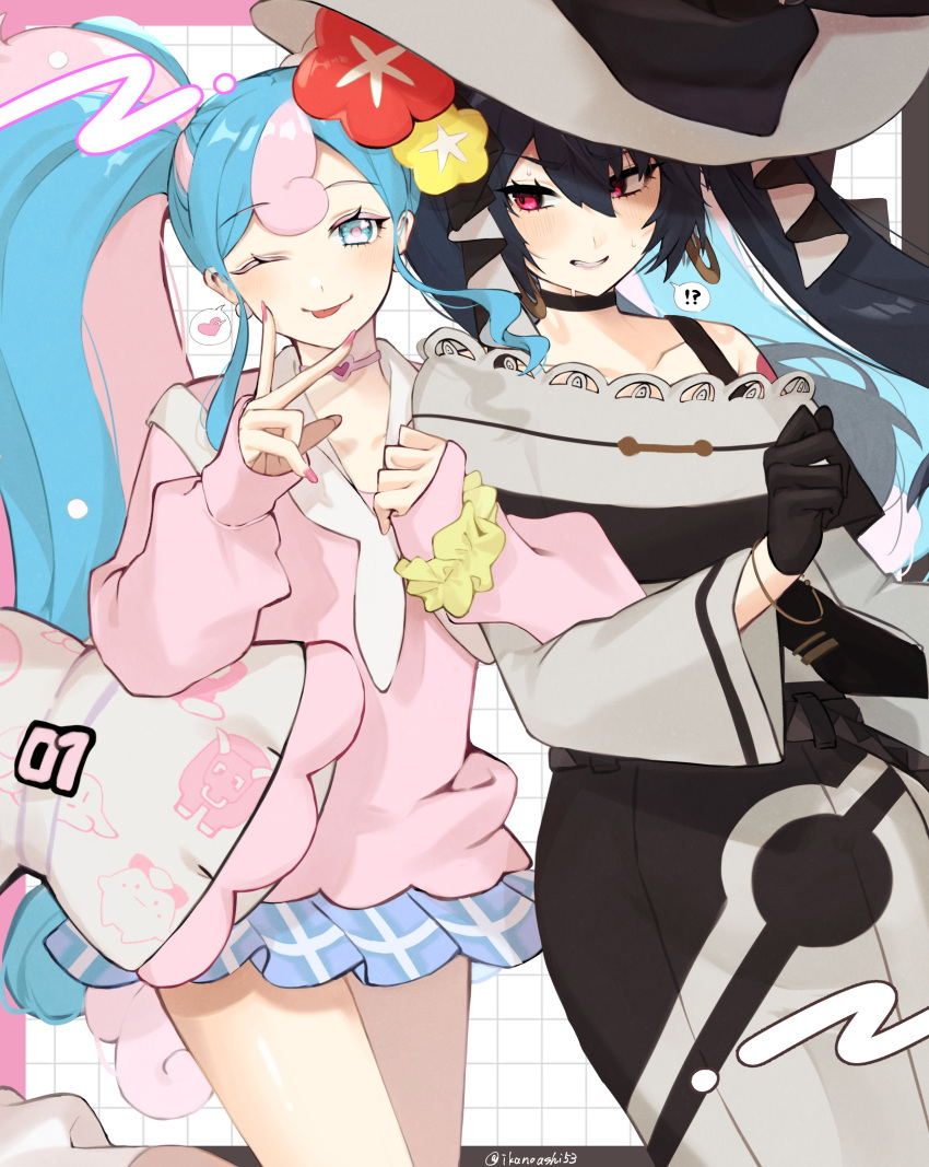 !?, 2girls, absurdres, black_choker, black_gloves, blue_eyes, blue_hair, blue_skirt