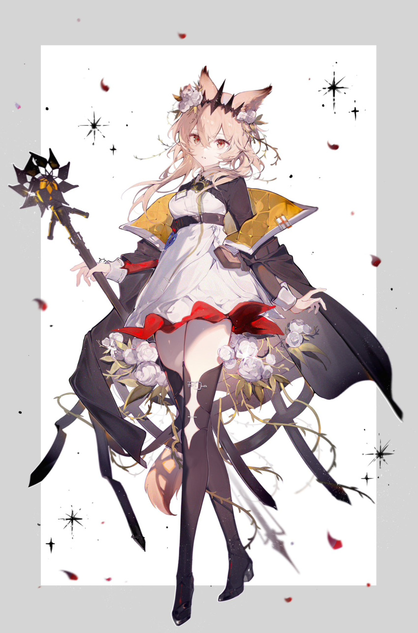 1girl, animal_ear_fluff, animal_ears, arknights, arm_at_side, black_jacket, black_thighhighs, blonde_hair