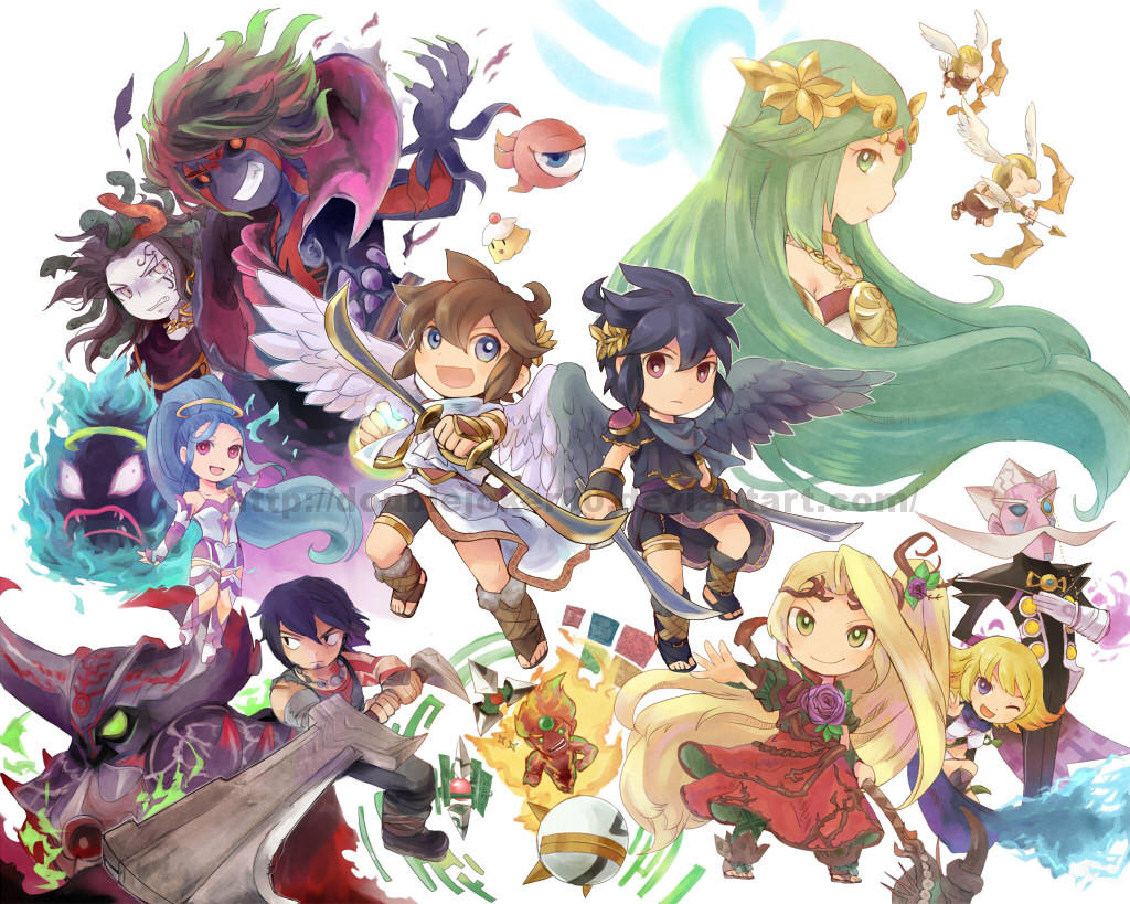 6+boys, 6+girls, ahoge, amazon_pandora, angel, angel_wings, aron_(kid_icarus), blonde_hair, blue_hair, bow_(weapon), club_(weapon), colored_skin, dark_pit, diadem, dual_persona, facial_hair, fire, flower, forehead_jewel, gaol, green_hair, hades_(kid_icarus), hair_flower, hair_ornament, holding, holding_bow_(weapon), holding_staff, holding_weapon, horns, kid_icarus, kid_icarus_uprising, lars_(kid_icarus), long_hair, looking_at_viewer, magna_(kid_icarus), medusa_(kid_icarus), monoeye, multiple_boys, multiple_girls, mustache, one_eye_closed, palutena, pandora_(kid_icarus), phosphora, purple_skin, red_eyes, saya_(lelulinna), scarf, siblings, simple_background, smile, snake_hair, staff, twins, viridi, water, weapon, web_address, white_background, wings
