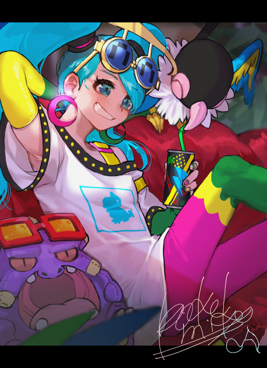 1girl, arm_behind_head, arm_up, bird, blue-tinted_eyewear, blue_eyes, blue_hair, can