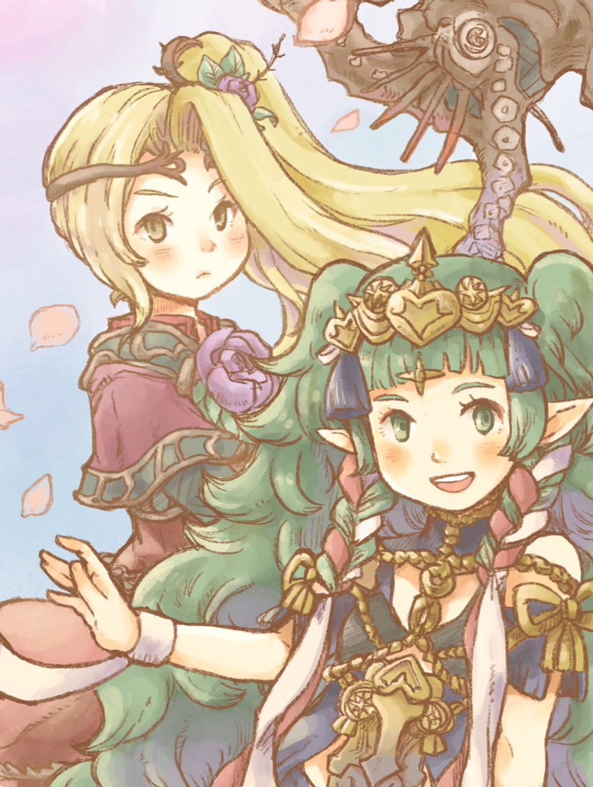 2girls, blonde_hair, blue_background, crossover, english_commentary, fire_emblem, fire_emblem:_three_houses, flower