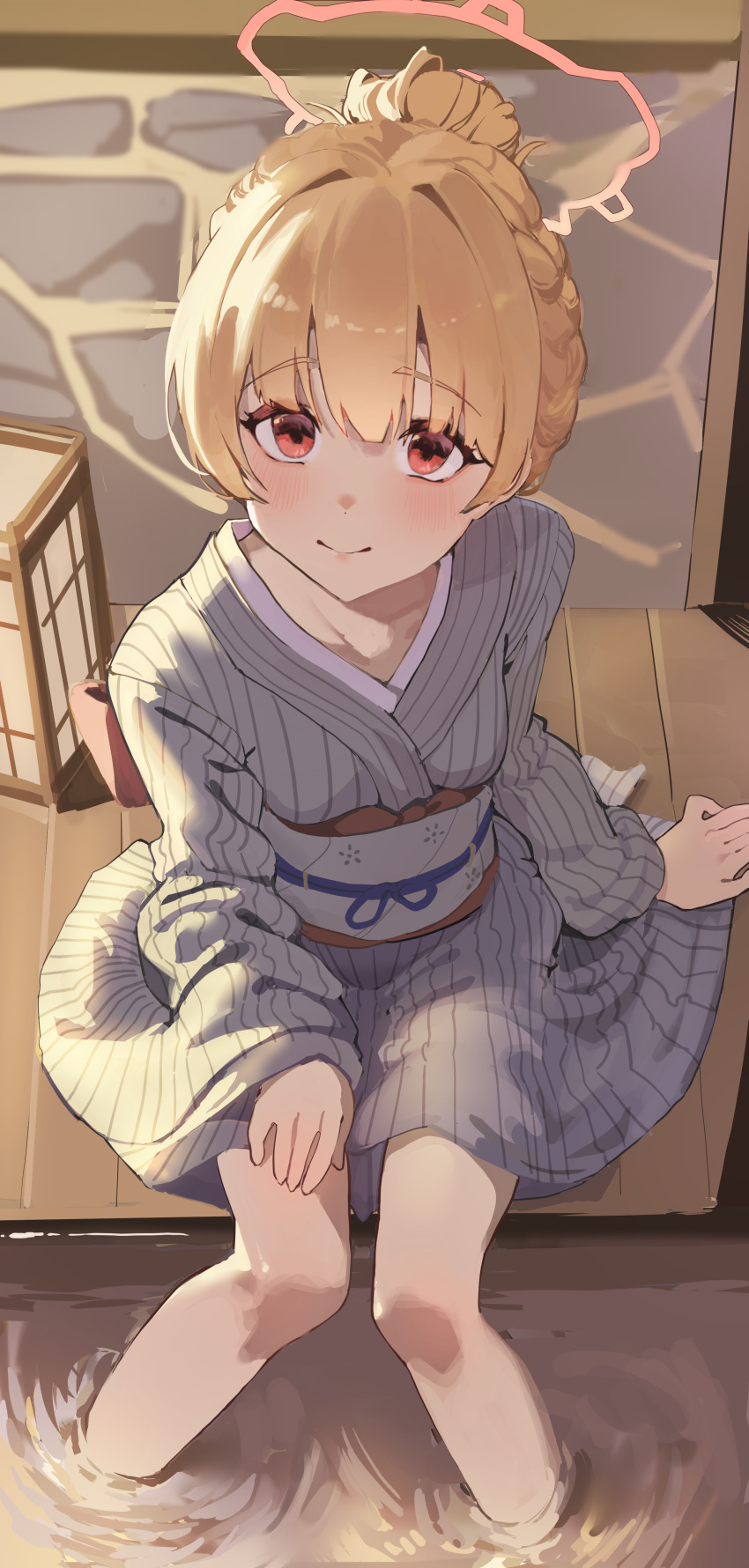 1girl, absurdres, bath_yukata, blonde_hair, blue_archive, blush, closed_mouth, commentary