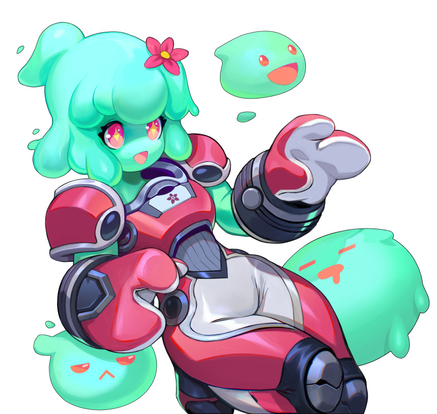 1girl, absurdres, armor, artist_request, flower, gloves, hair_flower, hair_ornament, highres, juno_(omega_strikers), knee_pads, knees_up, medium_hair, monster_girl, official_art, omega_strikers, open_mouth, pauldrons, pink_eyes, short_ponytail, shoulder_armor, sleepy, slime_(creature), slime_girl, solo, unamused, yellow_pupils