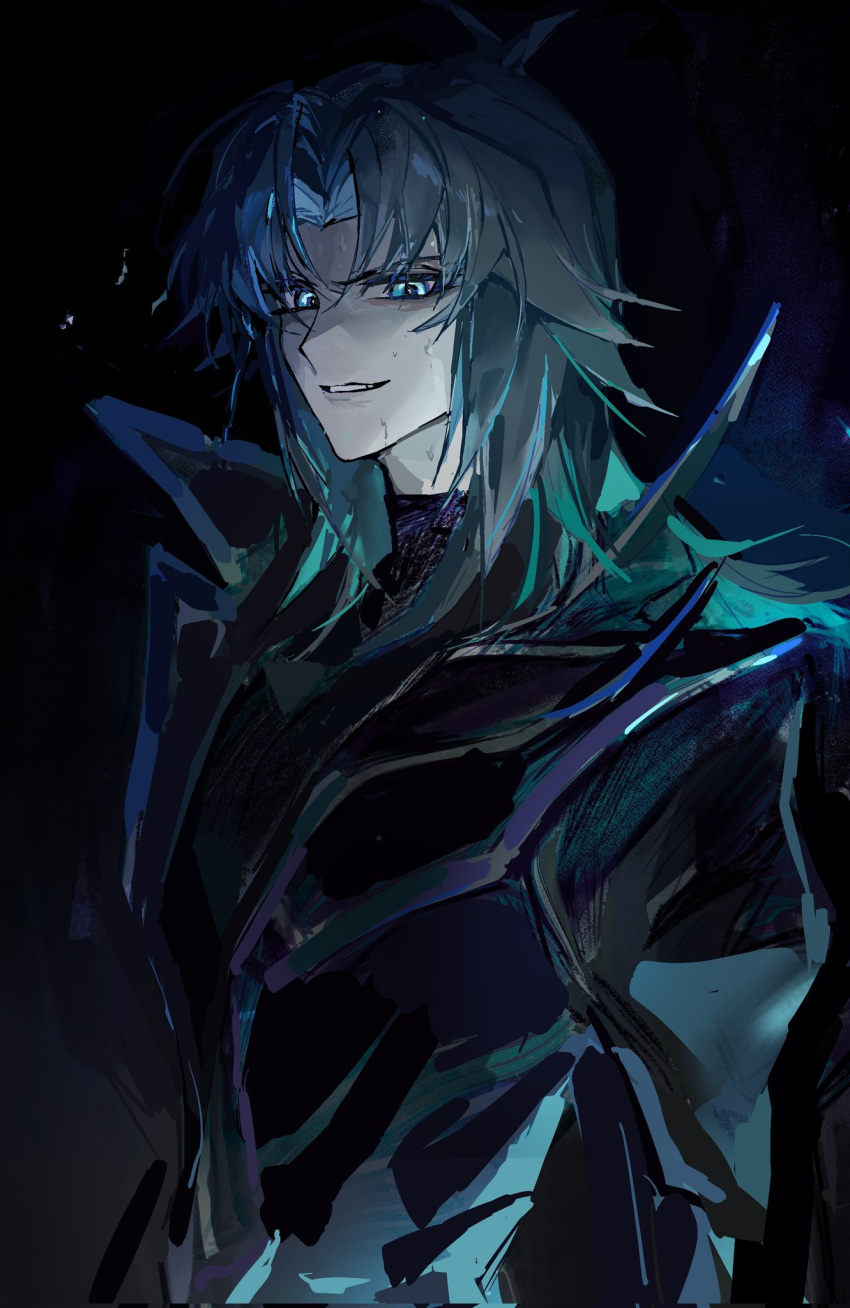1boy, black_coat, blue_eyes, blue_hair, coat, hair_between_eyes, high_collar, highres