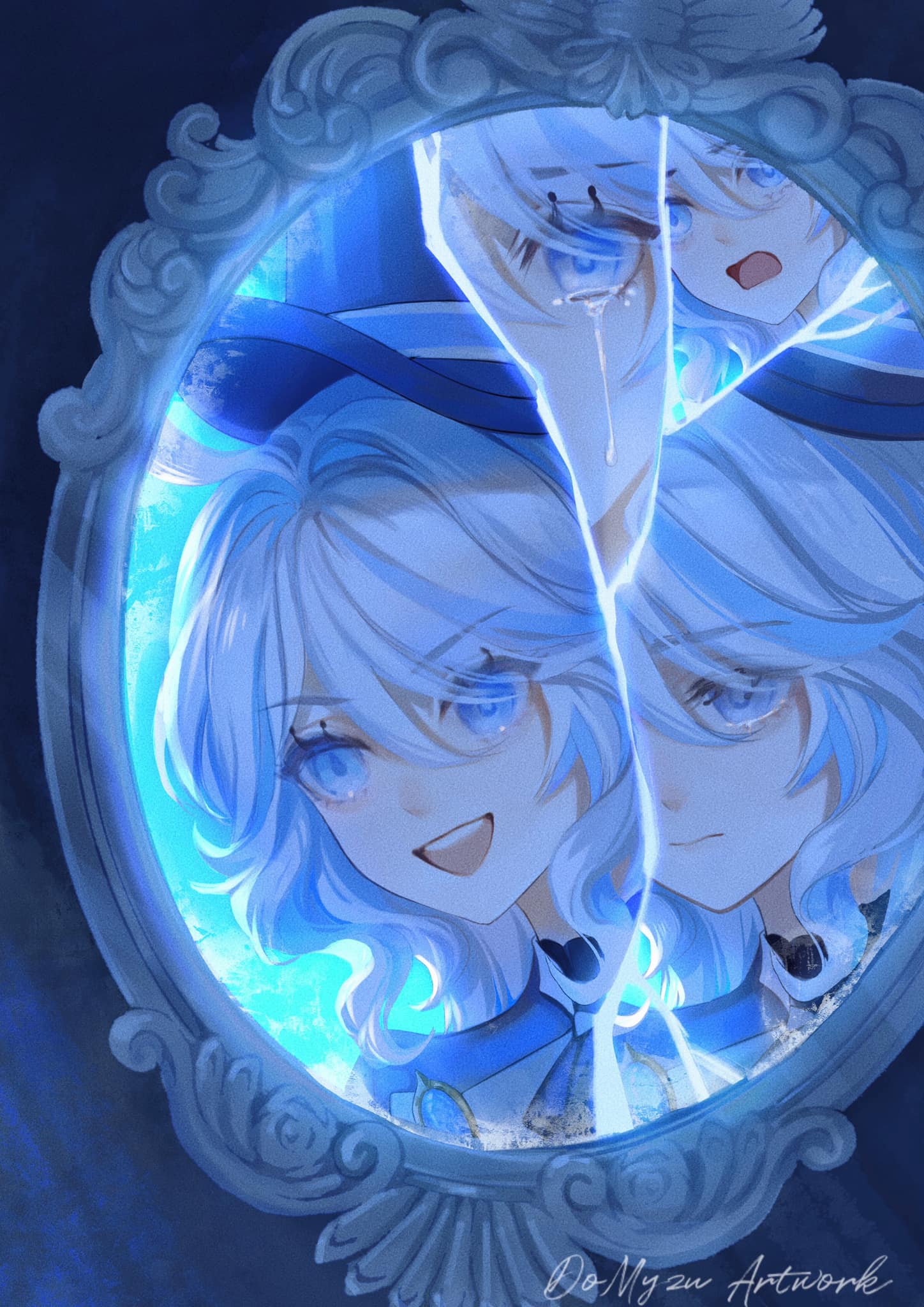 1girl, :d, blue_eyes, blue_hair, broken_mirror, commentary, crying, crying_with_eyes_open, do_myzu, furina_(genshin_impact), genshin_impact, hair_intakes, highres, mirror, multicolored_hair, open_mouth, reflection, smile, streaked_hair, tears, white_hair