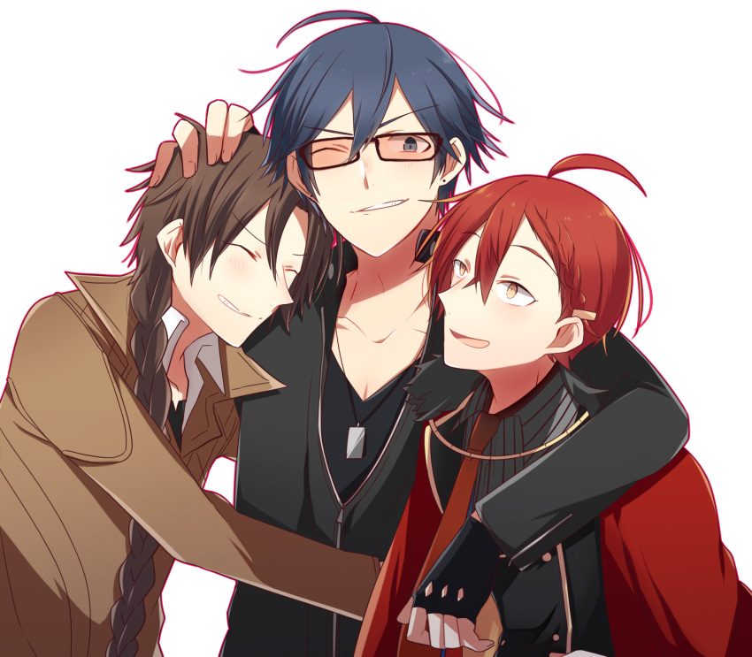 3boys, :d, ^_^, ahoge, arm_around_neck, black_gloves, black_jacket, black_shirt