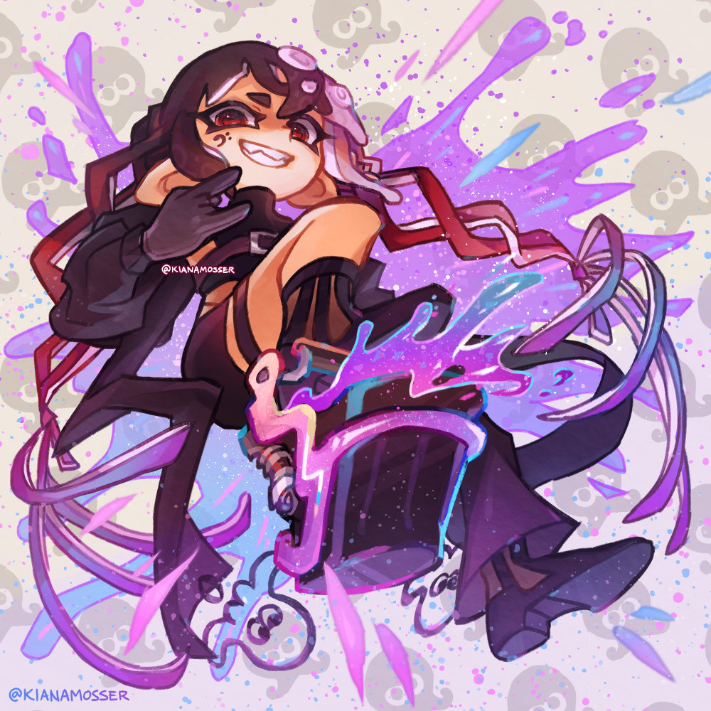 1girl, \m/, alternate_species, artist_name, asymmetrical_pants, bass_clef, belt, black_coat