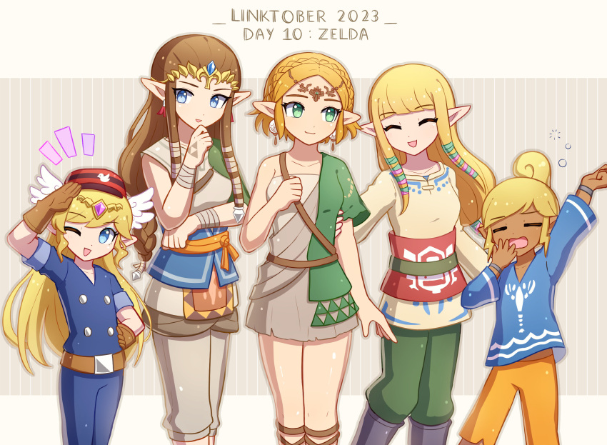 5girls, alternate_costume, blonde_hair, blue_eyes, blunt_bangs, brown_hair, closed_eyes, cosplay