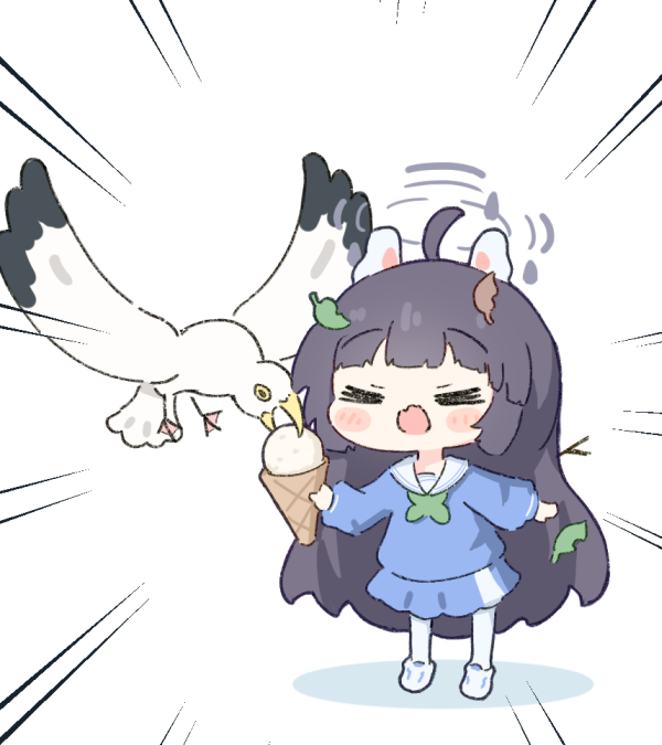 1girl, ahoge, animal_ears, bird, black_hair, blue_archive, blue_shirt, blue_skirt