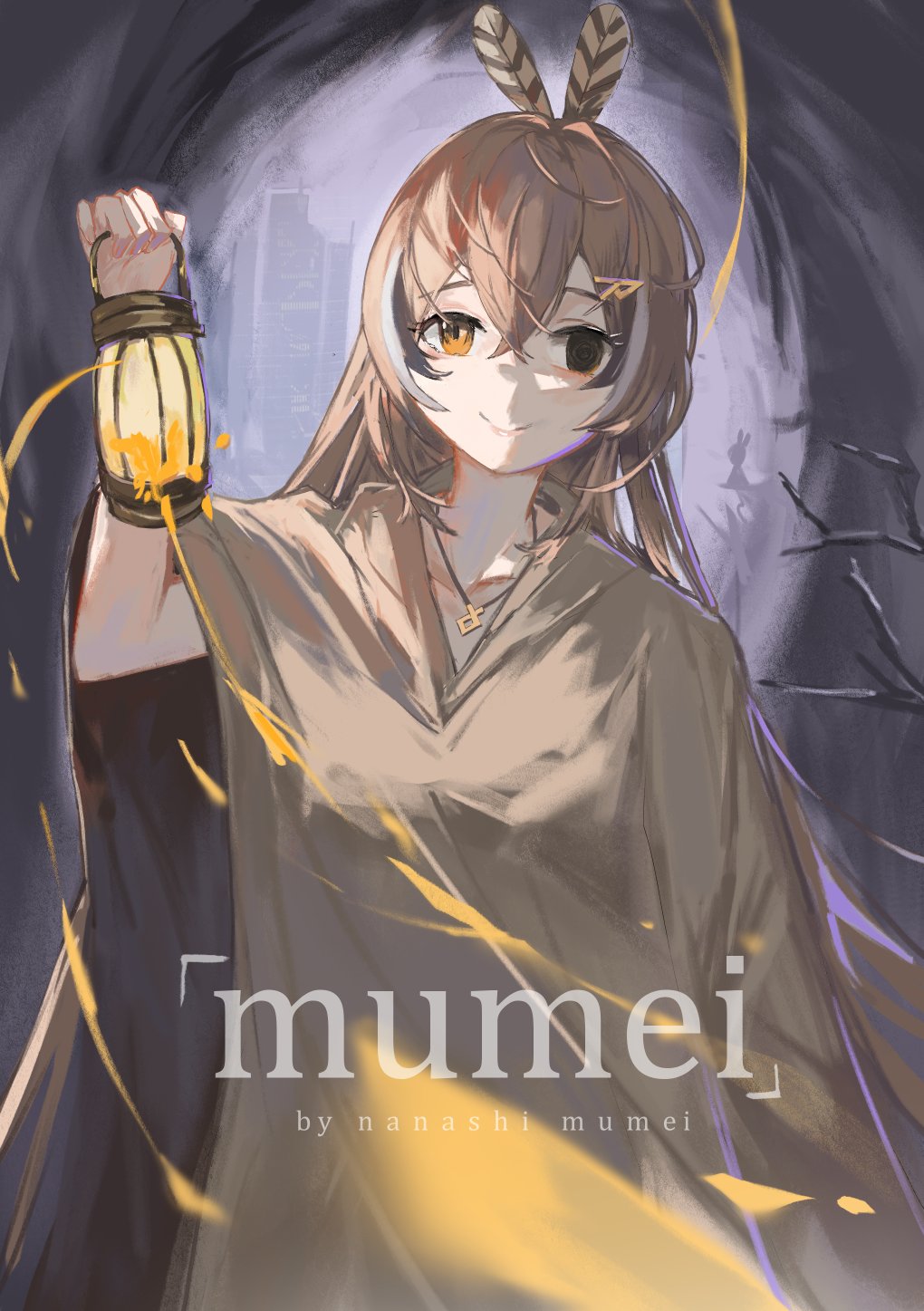 1girl, brown_cloak, brown_eyes, brown_hair, character_name, cityscape, cloak, crossed_bangs