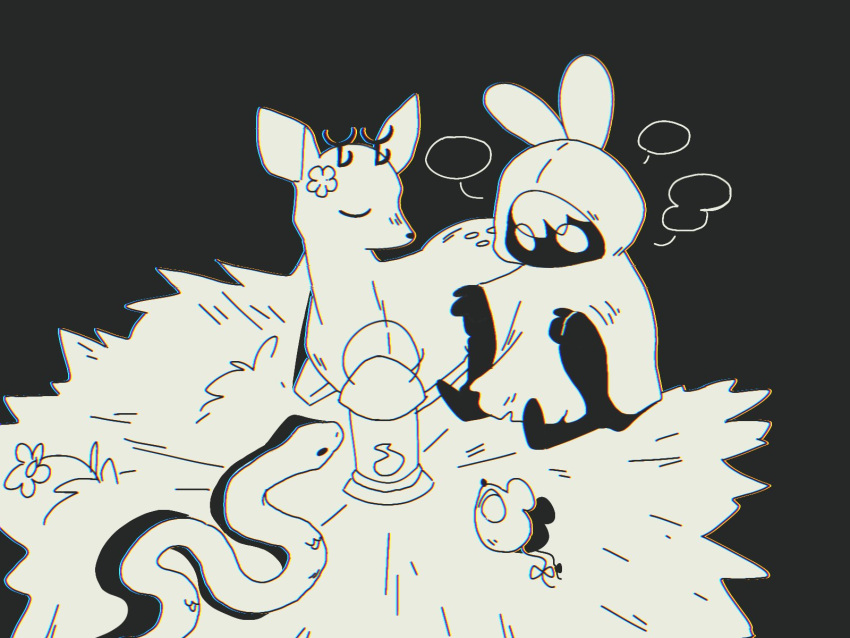 1girl, 3others, blank_speech_bubble, ceres_fauna, ceres_fauna_(deer), chromatic_aberration, cloak, deer