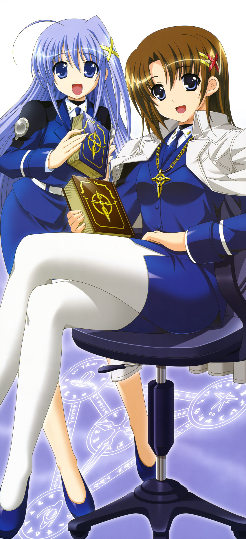 absurdres, ahoge, blue_eyes, blue_hair, book, book_of_the_azure_sky, brown_hair, chair