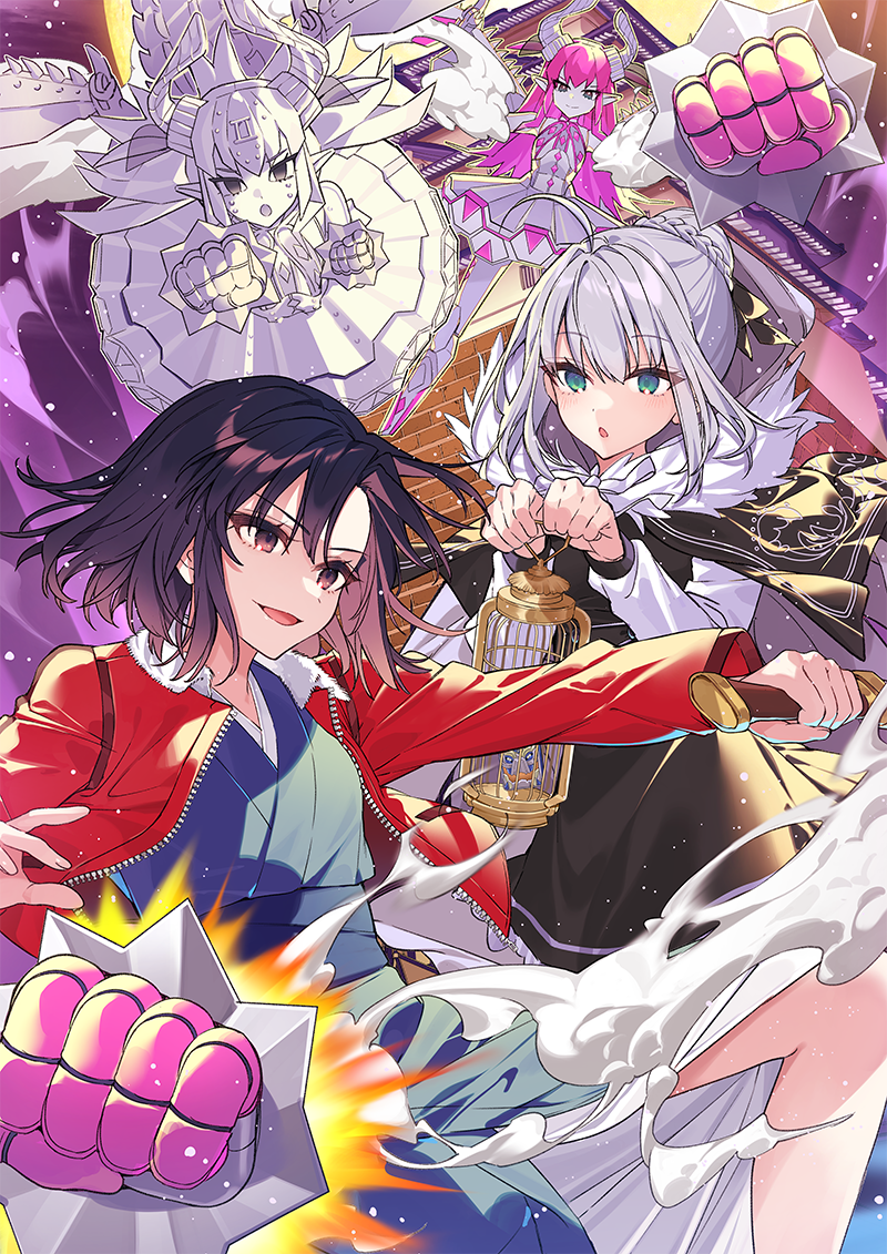 4girls, :o, add_(fate), ahoge, android, black_dress, black_hair, braid